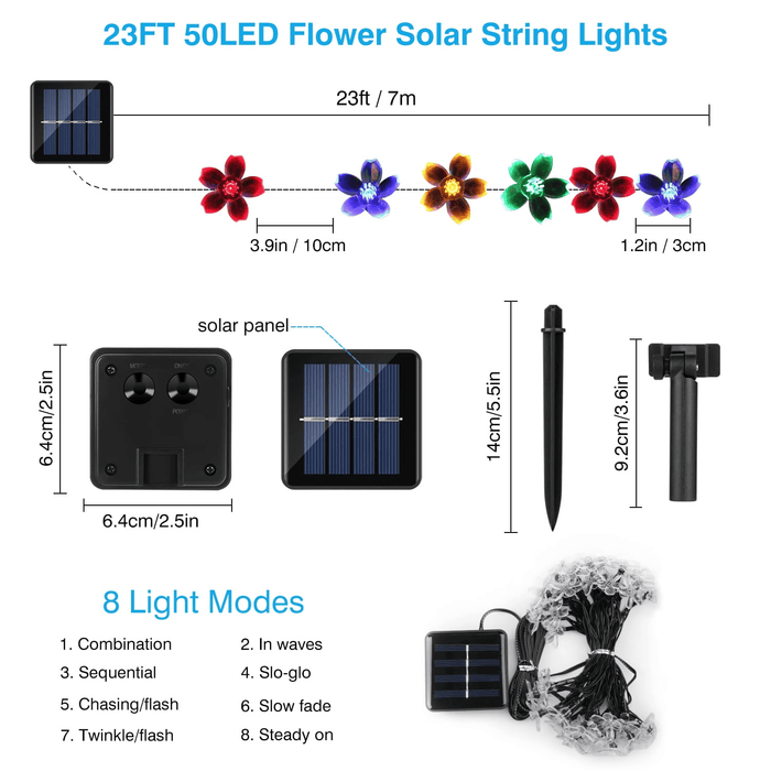 23FT 50 LED Solar Flower String Lights, Solar Powered Cherry Blossom Fairy Light for Christmas Garden Patio Decorations, Multicolo