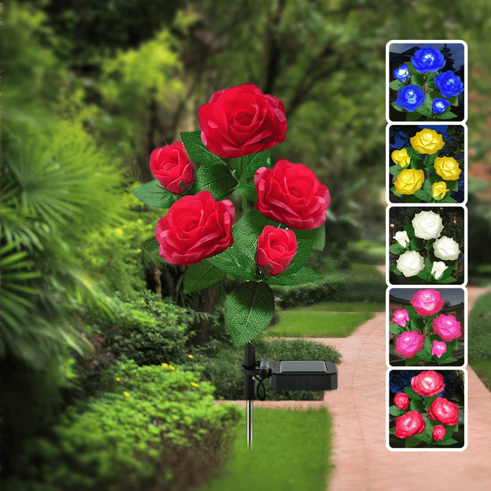 LED Solar Flower Light, Outdoor Solar Landscape Lights with 5 Rose Flowers, Waterproof Solar Garden Lights for Patio Yard Pathway Decoration, Red