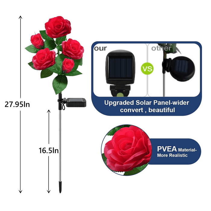 LED Solar Flower Light, Outdoor Solar Landscape Lights with 5 Rose Flowers, Waterproof Solar Garden Lights for Patio Yard Pathway Decoration, Red