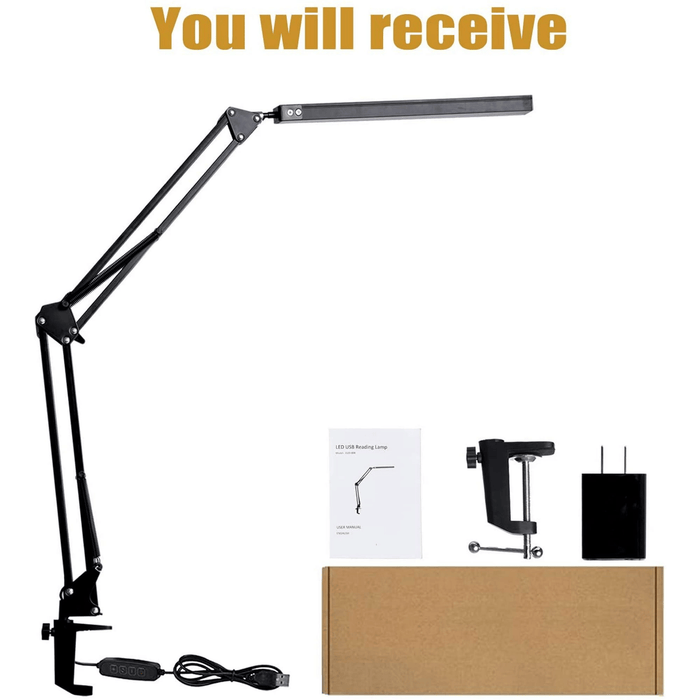 LED Desk Lamp, Adjustable Swing Arm Desk Light with Clamp, 3 Color Modes 10 Brightness Reading Lamp for Home Office, Black