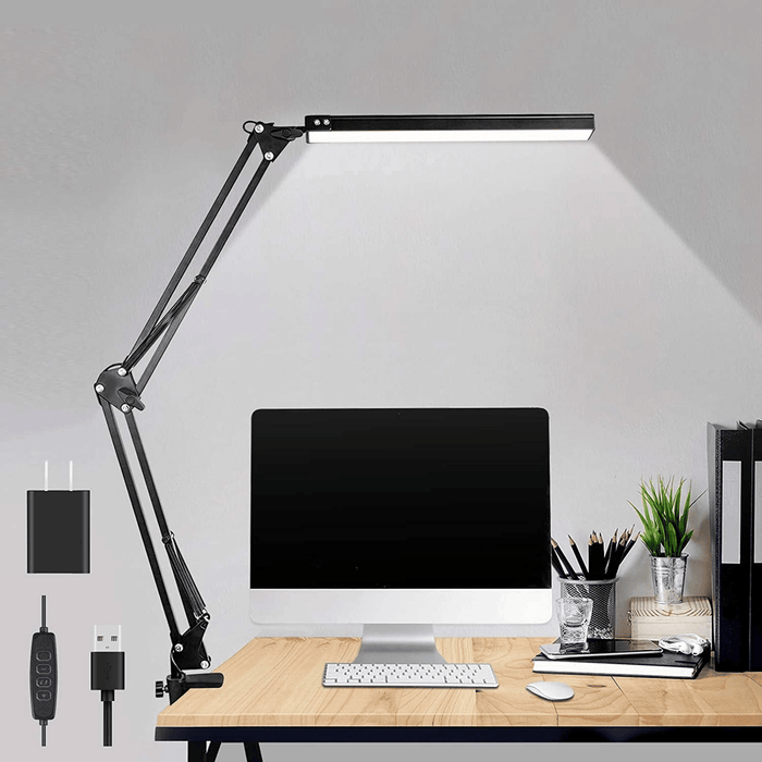 LED Desk Lamp, Adjustable Swing Arm Desk Light with Clamp, 3 Color Modes 10 Brightness Reading Lamp for Home Office, Black