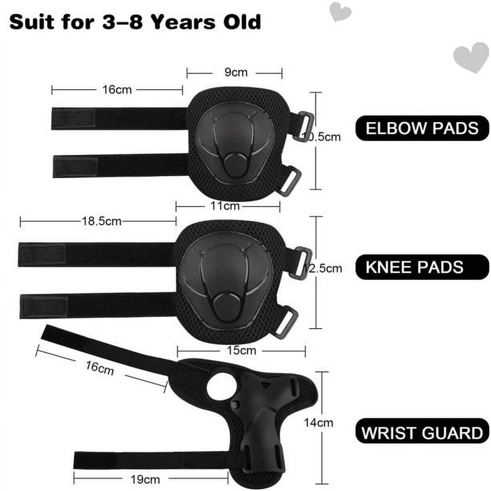 Kids Guards Protective Gear for 3-8 Years Toddlers, Knee and Elbow Pads with Wrist Guards 3 in 1 Sports Gear Set for Bike, Roller Skating, Skateboard, Black