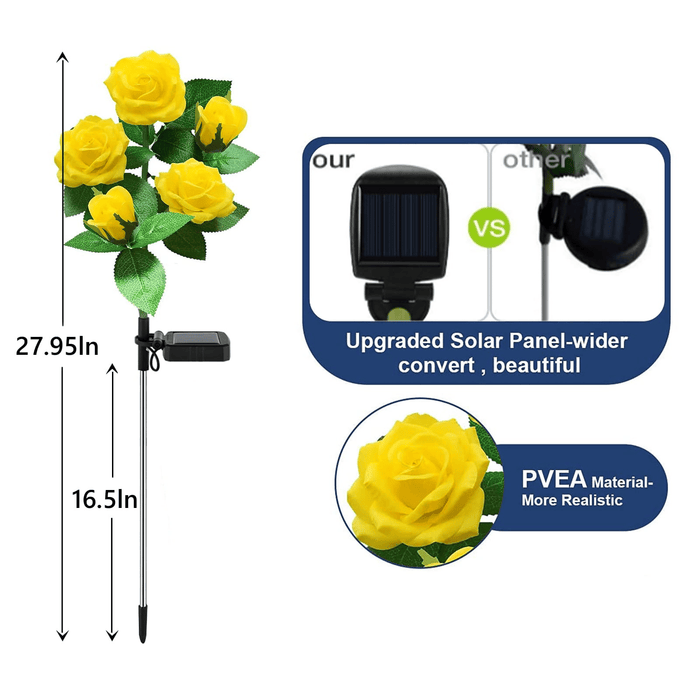 LED Solar Flower Light, Outdoor Solar Landscape Lights with 5 Rose Flowers, Waterproof Solar Garden Lights for Patio Yard Pathway Decoration, Yellow