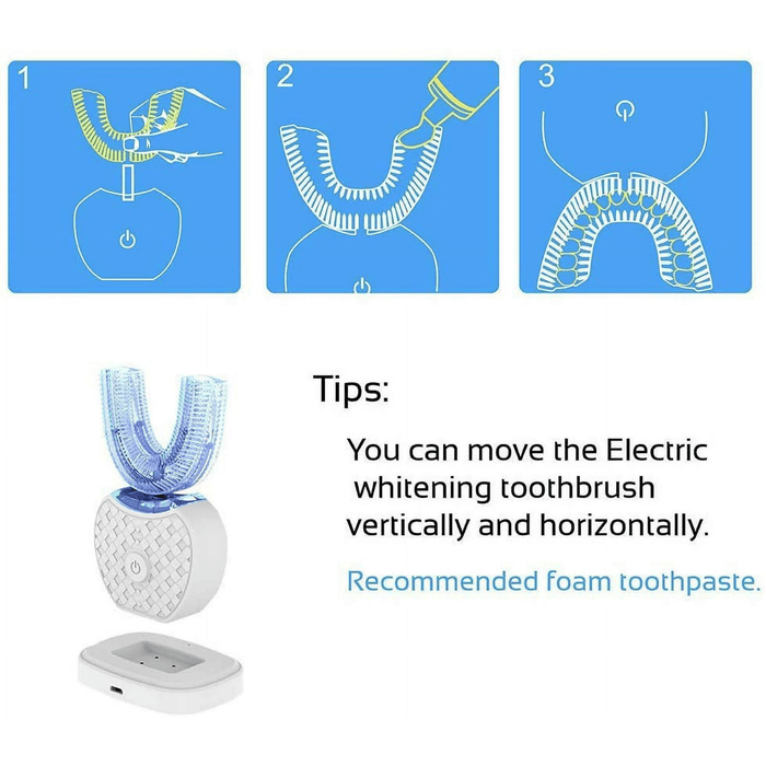 Ultrasonic Automatic Toothbrush, 360? Electric Sonic Toothbrush for Teeth Whitening, U-Shaped Wireless Charging Toothbrush for Gums Protection (White)