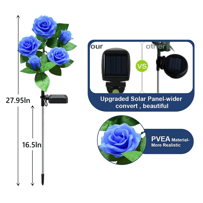 LED Solar Flower Light, Outdoor Solar Landscape Lights with 5 Rose Flowers, Waterproof Solar Garden Lights for Patio Yard Pathway Decoration, Blue