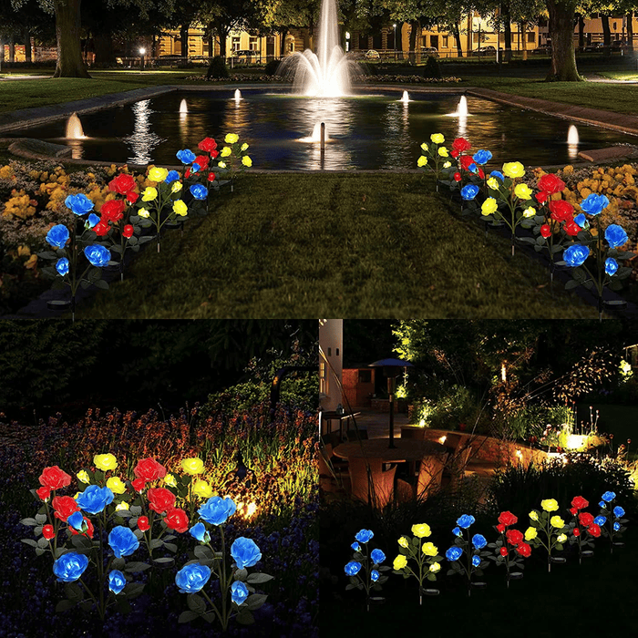 LED Solar Flower Light, Outdoor Solar Landscape Lights with 5 Rose Flowers, Waterproof Solar Garden Lights for Patio Yard Pathway Decoration, Blue