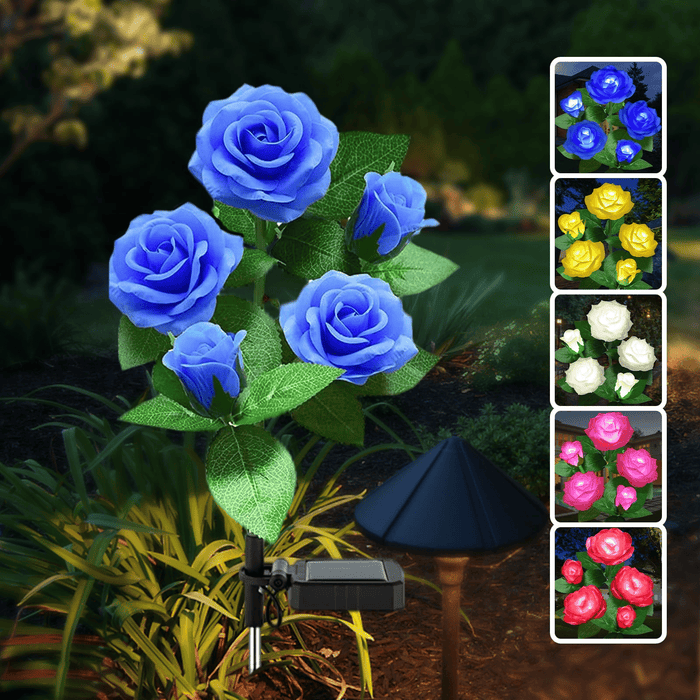 LED Solar Flower Light, Outdoor Solar Landscape Lights with 5 Rose Flowers, Waterproof Solar Garden Lights for Patio Yard Pathway Decoration, Blue