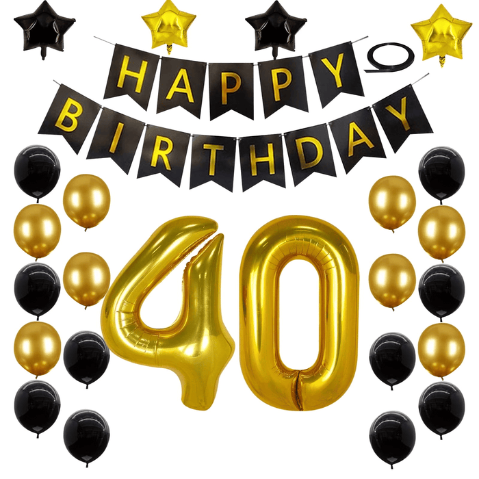 40th Birthday Decorations Kit, Large Number 40 Balloons, Black and Gold Happy Birthday Banner with Latex and Star Balloons, 40 Birthday Balloons Set Party Supplies, 24 Pack