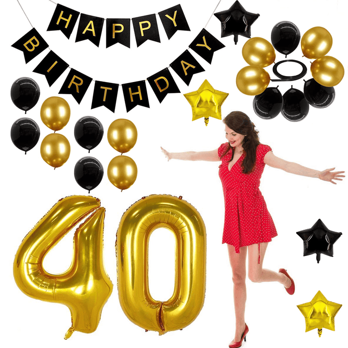 40th Birthday Decorations Kit, Large Number 40 Balloons, Black and Gold Happy Birthday Banner with Latex and Star Balloons, 40 Birthday Balloons Set Party Supplies, 24 Pack