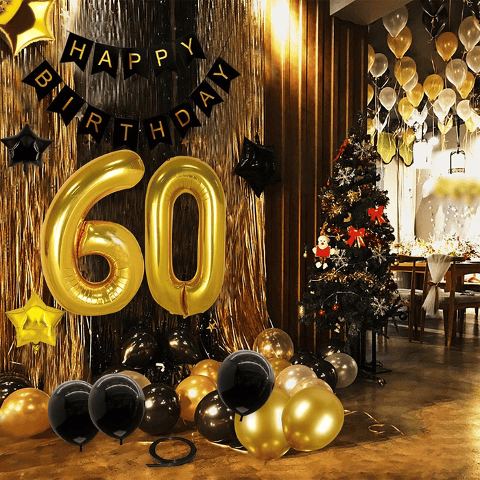 60th Birthday Decorations Kit, Large Number 60 Balloons, Black and Gold Happy Birthday Banner with Latex and Star Balloons, 60 Birthday Balloons Set Party Supplies, 24 Pack