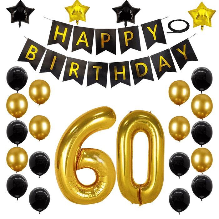 60th Birthday Decorations Kit, Large Number 60 Balloons, Black and Gold Happy Birthday Banner with Latex and Star Balloons, 60 Birthday Balloons Set Party Supplies, 24 Pack