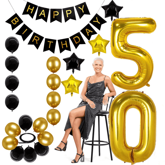 50th Birthday Decorations Kit, Large Number 50 Balloons, Black and Gold Happy Birthday Banner with Latex and Star Balloons, 50 Birthday Balloons Set Party Supplies, 24 Pack