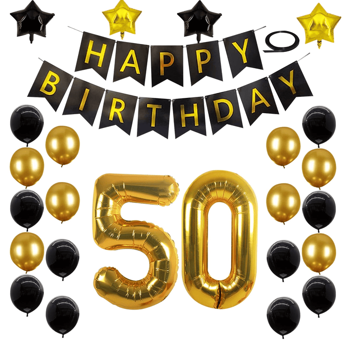 50th Birthday Decorations Kit, Large Number 50 Balloons, Black and Gold Happy Birthday Banner with Latex and Star Balloons, 50 Birthday Balloons Set Party Supplies, 24 Pack