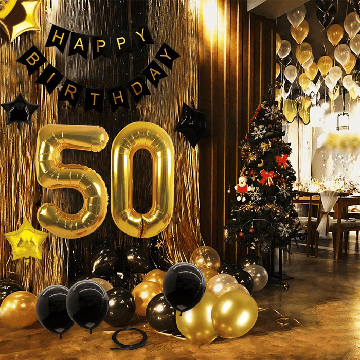 50th Birthday Decorations Kit, Large Number 50 Balloons, Black and Gold Happy Birthday Banner with Latex and Star Balloons, 50 Birthday Balloons Set Party Supplies, 24 Pack