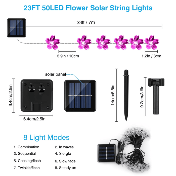 23ft 50 LED Solar Flower String Lights, Outdoor Cherry Blossoms Solar Fairy Lights for Fence Garden Yard Patio Tree Decor, Pink