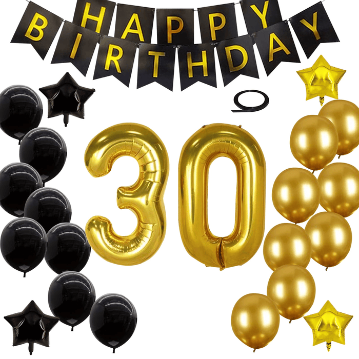 30th Birthday Decorations Kit, Large Number 30 Balloons, Black and Gold Happy Birthday Banner with Latex and Star Balloons, 30 Birthday Balloons Set Party Supplies, 24 Pack