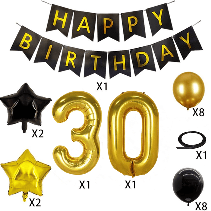 30th Birthday Decorations Kit, Large Number 30 Balloons, Black and Gold Happy Birthday Banner with Latex and Star Balloons, 30 Birthday Balloons Set Party Supplies, 24 Pack