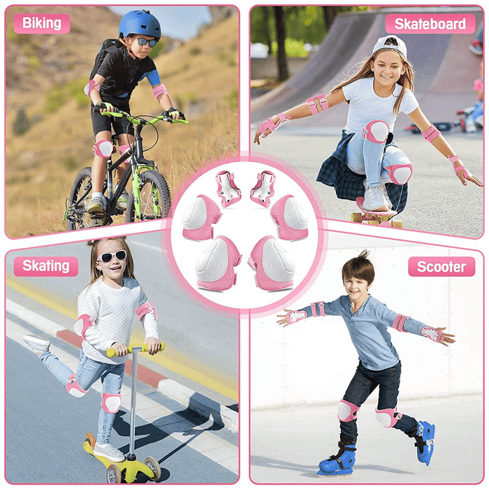 Kids Protective Gear, Knee Elbow Pads with Wrist 3 in 1 Sports Gear Set for Bike, Cycling, Skateboard, Pink