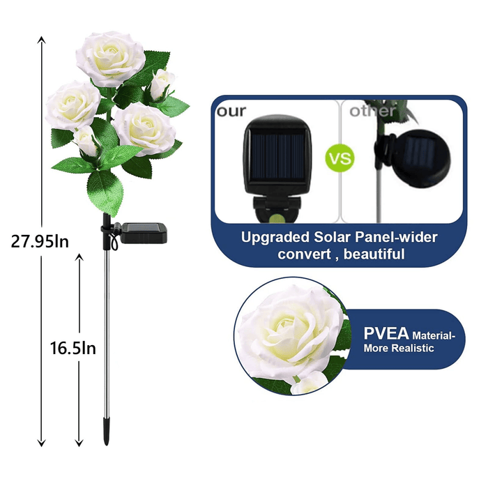 LED Solar Flower Light, Outdoor Solar Landscape Lights with 5 Rose Flowers, Waterproof Solar Garden Lights for Patio Yard Pathway Decoration, White