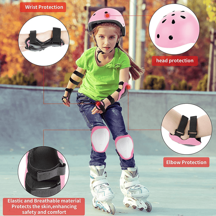 Adjustable Kids Helmet Set, Protective Gear Set with Knee Pads and Elbow Wrist Guards for 3~10yrs Girls Boys Bike Roller Skating Cycling Scooter, Pink