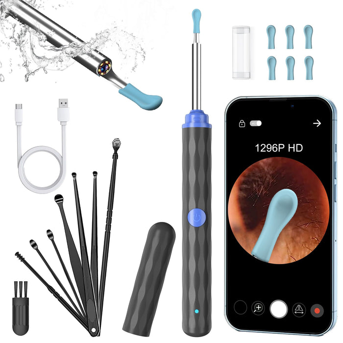 KEKOY Earwax Cleaner Kit, Ear Wax Removal Tool with 1296P HD Camera and 6 LED Lights, Ear Cleaner with 10 Ear Pick, Upgrade Ear Wax Removal Tool for iOS and Android, Gray