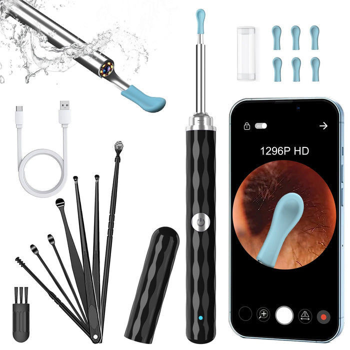 KEKOY Ear Cleaning Kit Remove Wax, Ear Camera with 1296P and 6 LED Lights, Upgrade Ear Cleaner with 10 Ear Pick, Ear Wax Removal Kit for iOS and Android, Silver