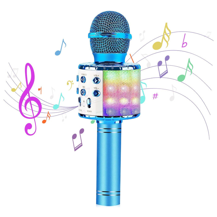 Kids Microphone, Wireless Bluetooth Microphone with LED Lights, Children Microphone Singing Toys Christmas Gifts for Kids and Adults, Blue