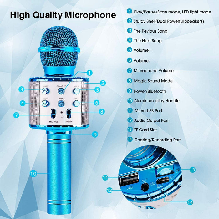 Kids Microphone, Wireless Bluetooth Microphone with LED Lights, Children Microphone Singing Toys Christmas Gifts for Kids and Adults, Blue