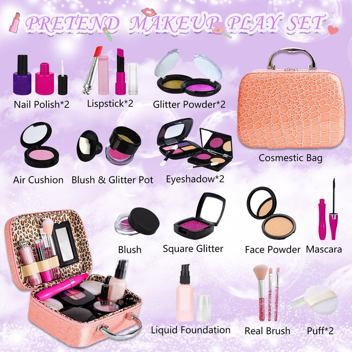 21 Pcs Pretend Makeup Kit for Toddlers, Girls Pretend Play Makeup Set with Cosmetic Bag, Pretend Play Set Cosmetics Toy for Kids Age 3, 4, 5 (Fake Makeup)