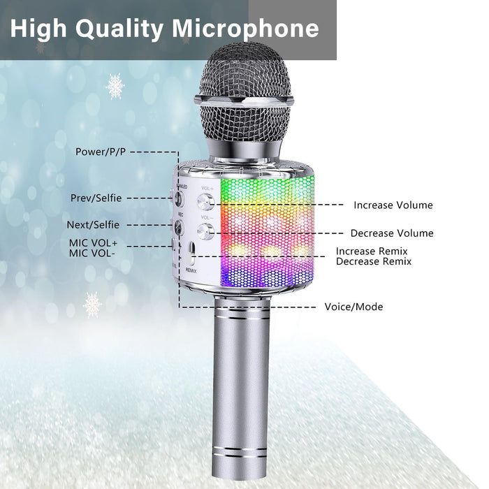 Kids Microphone, Wireless Bluetooth Microphone with LED Lights, Children Microphone Singing Toys Christmas Gifts for Kids and Adults, Silver