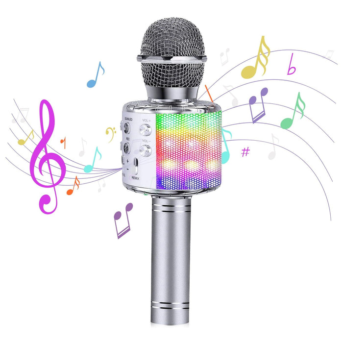 Kids Microphone, Wireless Bluetooth Microphone with LED Lights, Children Microphone Singing Toys Christmas Gifts for Kids and Adults, Silver