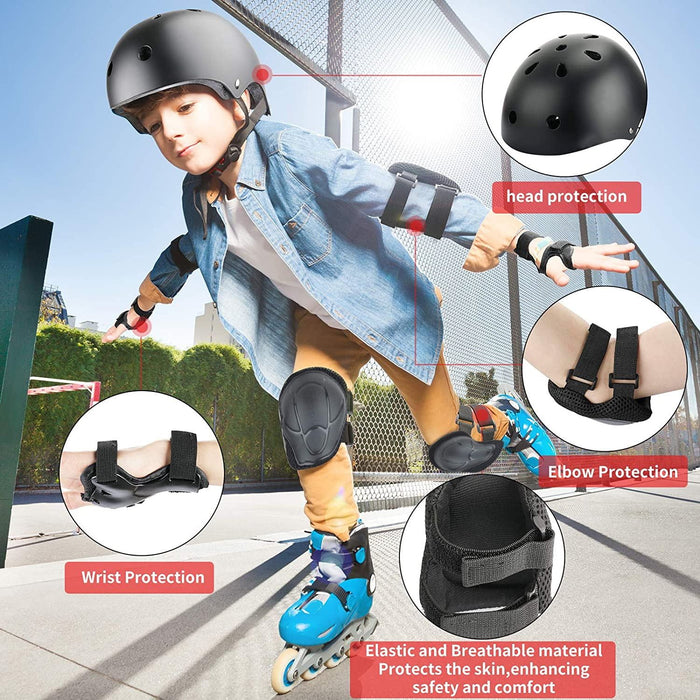 Adjustable Kids Helmet Set, Protective Gear Set with Knee Pads and Elbow Wrist Guards for 3~10yrs Girls Boys Bike Roller Skating Cycling Scooter, Black