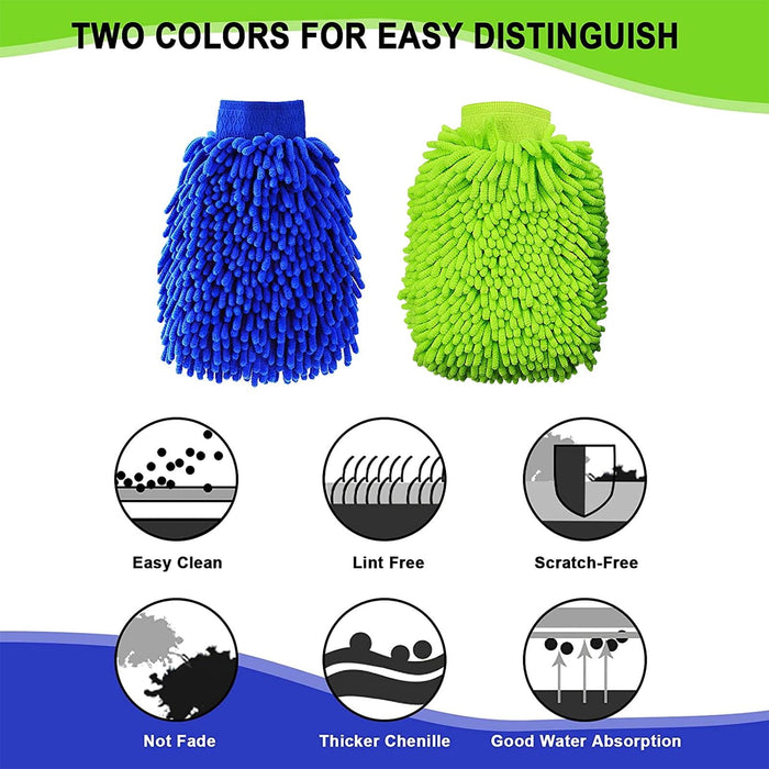 Car Wash Mitt 2 Pack, Microfiber Wash Mitt for Car Cleaning Mitts Tools, Chenille Scratch-Free Car Washing Gloves Waterproof Car Wash Kit Accessories (Blue + Green)