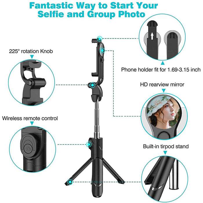 Tripod Stand Selfie Stick, Extendable Bluetooth Selfie Stick with Wireless Remote Compatible with iPhone XR/XS/X/8/Plus/7/Plus/SE/6S/6/Plus, Galaxy S9/S8/S7/S6, Android, More, Black