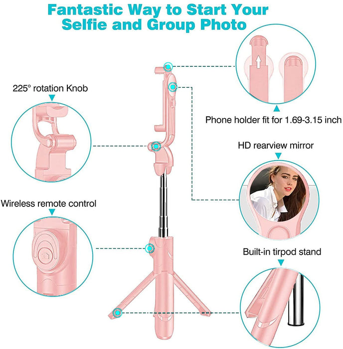 Tripod Stand Selfie Stick, Extendable Bluetooth Selfie Stick with Wireless Remote Compatible with iPhone XR/XS/X/8/Plus/7/Plus/SE/6S/6/Plus, Galaxy S9/S8/S7/S6, Android, More, Pink