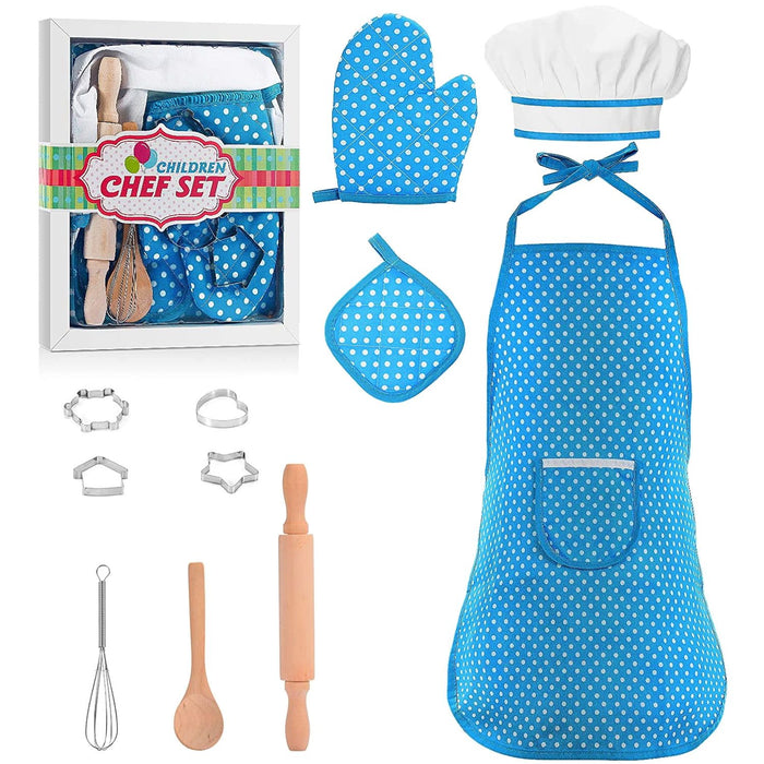 11 Pcs Kids Aprons for Girls Boys, Kids Cooking and Baking Sets, Chef Hat Apron Pretend Play Costume Set for Toddlers Age 3-8, Blue	18548