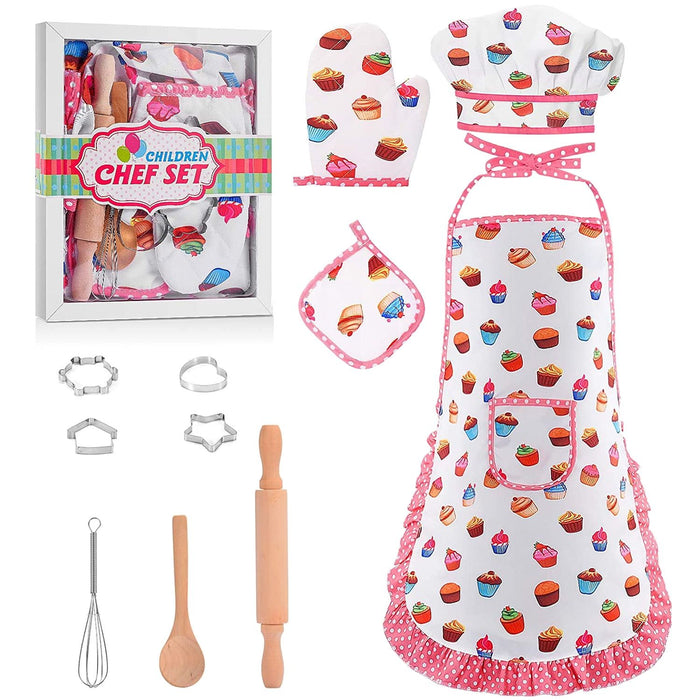 11 Pcs Kids Aprons for Girls Boys, Kids Cooking and Baking Sets, Chef Hat Apron Pretend Play Costume Set for Toddlers Age 3-8, White