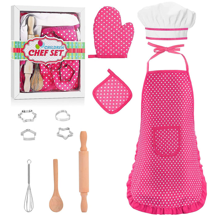 11 Pcs Kids Aprons for Girls Boys, Kids Cooking and Baking Sets, Chef Hat Apron Pretend Play Costume Set for Toddlers Age 3-8, Pink