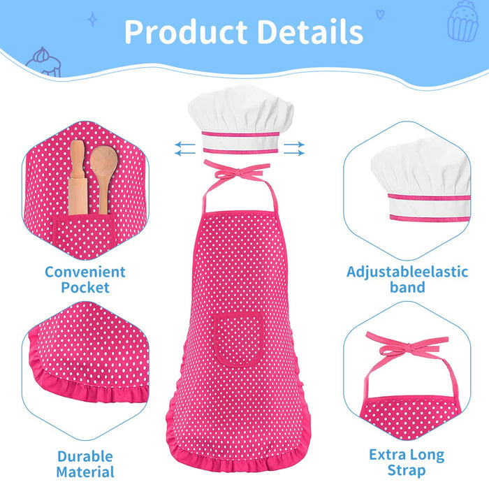 11 Pcs Kids Aprons for Girls Boys, Kids Cooking and Baking Sets, Chef Hat Apron Pretend Play Costume Set for Toddlers Age 3-8, Pink