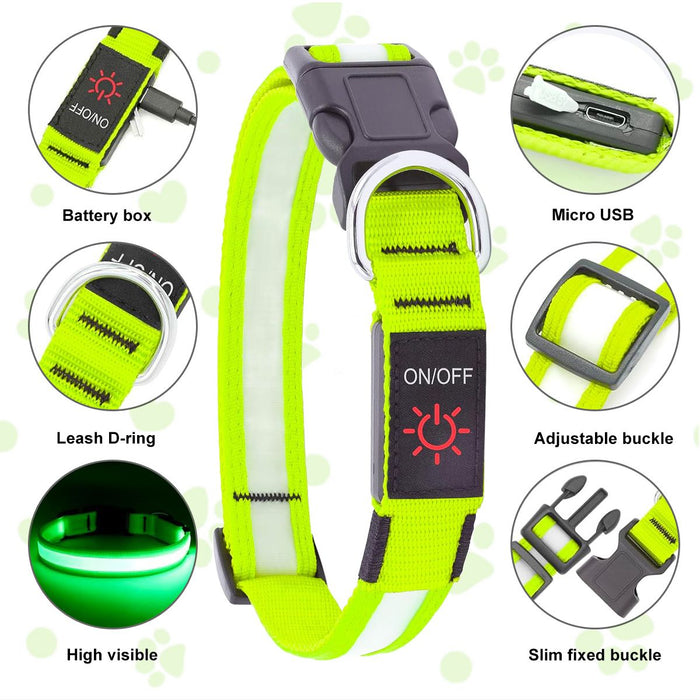 LED Dog Collar, USB Rechargeable Light Up Dog Collar, Adjustable Safety Glowing Collar for Dogs (Green, S Size)