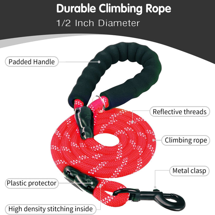 Rope Dog Leash, Heavy Duty Dog Leash with Comfortable Padded Handle and Highly Reflective Threads for Small Medium and Large Dogs, Red