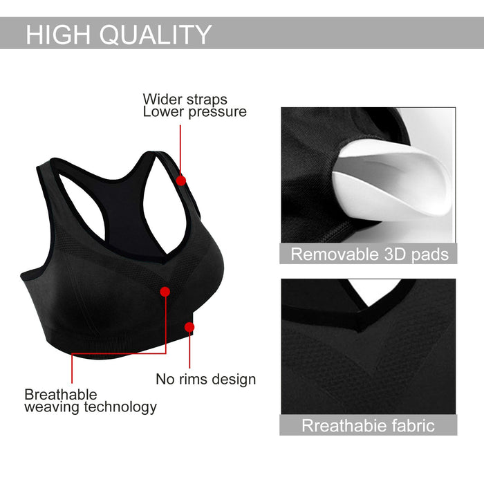 3 Pack Racerback Sports Bras for Women, High Impact Bra with Pad for Yoga Gym Workout Fitness, XXL Size (Blue, Black, Gray)