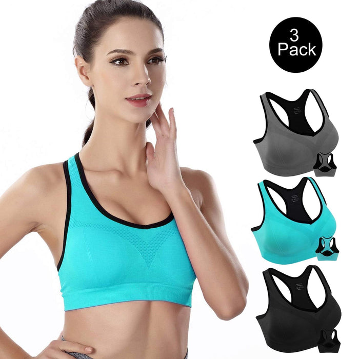 3 Pack Racerback Sports Bras for Women, High Impact Bra with Pad for Yoga Gym Workout Fitness, XXL Size (Blue, Black, Gray)