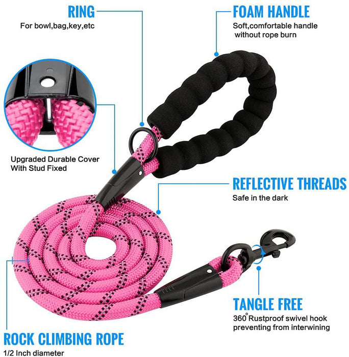 Rope Dog Leash, Heavy Duty Dog Leash with Comfortable Padded Handle and Highly Reflective Threads for Small Medium and Large Dogs, Pink