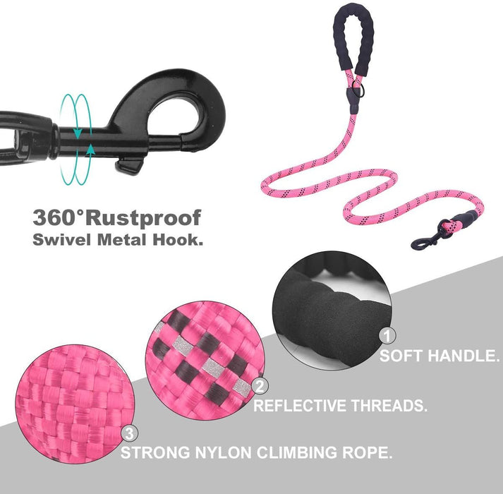 Rope Dog Leash, Heavy Duty Dog Leash with Comfortable Padded Handle and Highly Reflective Threads for Small Medium and Large Dogs, Pink