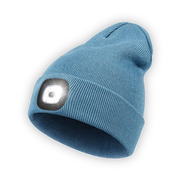 LED Beanie Hat with Light, Unisex USB Rechargeable 4 LED Headlamp Cap, Winter Knitted Headlight, Men Gifts for Dad Husband (Blue)