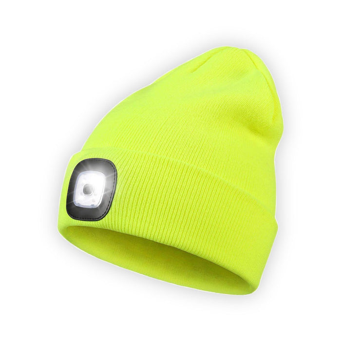 LED Beanie Hat with Light, Unisex USB Rechargeable Hands Free 4 LED Headlamp Cap, Winter Knitted Headlight, Men Gifts for Dad Husband (Yellow)