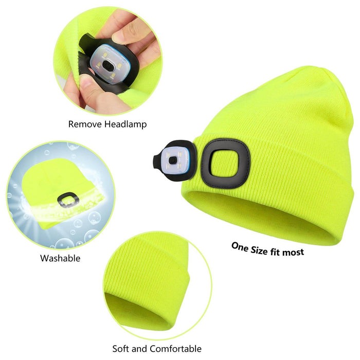 LED Beanie Hat with Light, Unisex USB Rechargeable Hands Free 4 LED Headlamp Cap, Winter Knitted Headlight, Men Gifts for Dad Husband (Yellow)