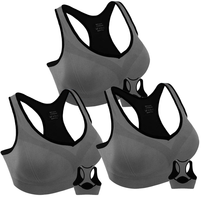 3 Pack Racerback Sports Bras for Women, Seamless High Impact Bra with Pad for Yoga Gym Workout Fitness, XL Size (Gray)