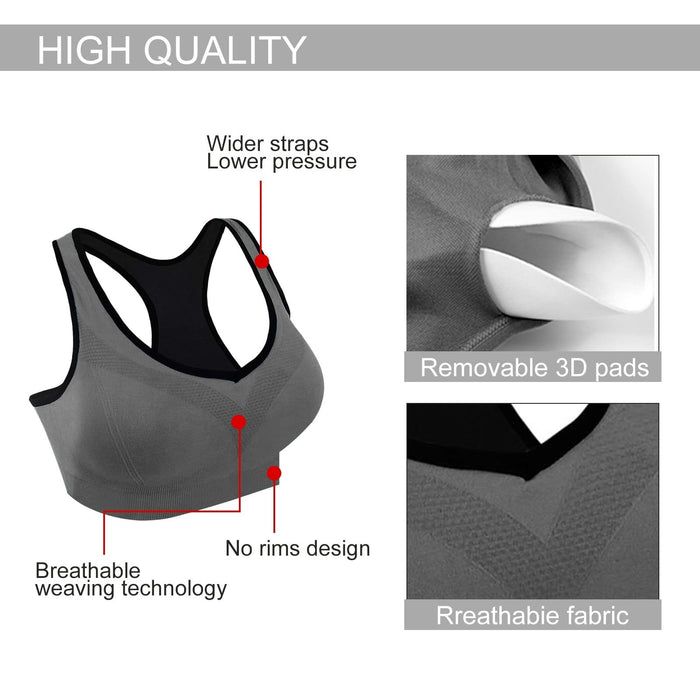 3 Pack Racerback Sports Bras for Women, Seamless High Impact Bra with Pad for Yoga Gym Workout Fitness, XXL Size (Gray)